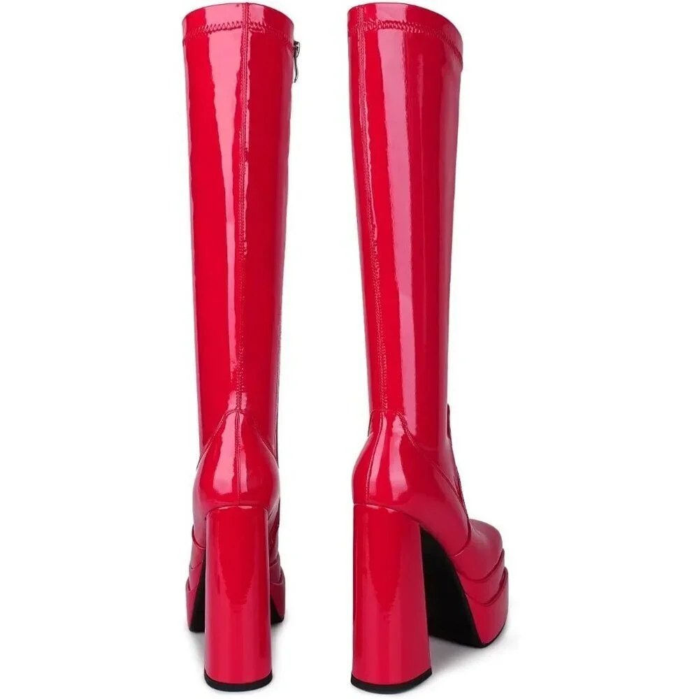 Red Platform Knee High Boots for Women, Chunky Heel, Zipper, Cosplay